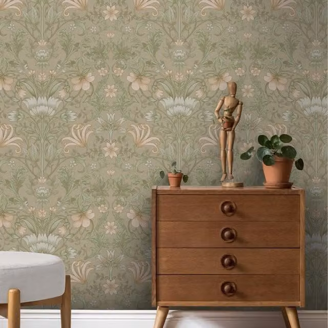 Holden Vintage Botanical Floral Garden Wallpaper in Beige and Green