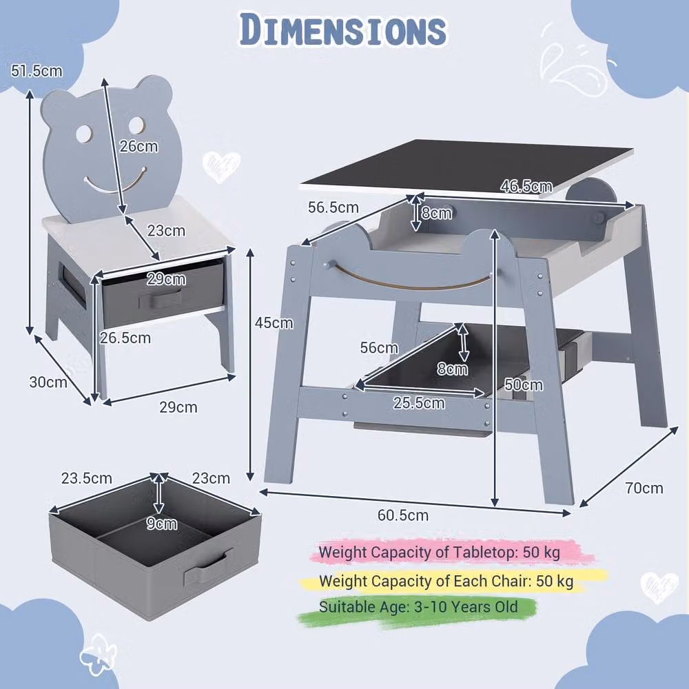 Costway Versatile Kids Wooden Activity Table and 2 Chairs Set in Grey – 2