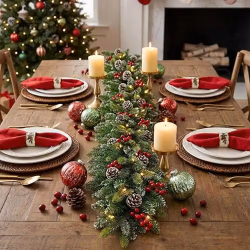 SHATCHI 2m Snow Flocked Artificial Green Christmas Garland with Warm White LED Lights, Pinecones and Red Berries – 6