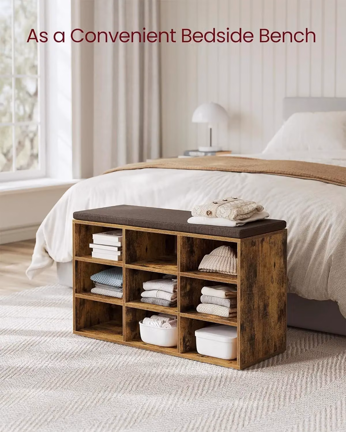 VASAGLE 9 Compartment Shoe Storage Bench with Adjustable Shelves and Padded Seat in Brown – 4