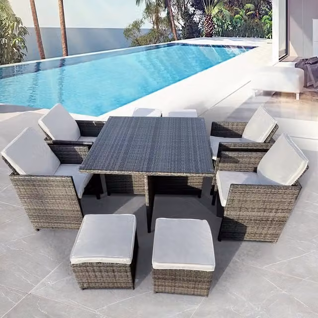 Furniture One 8 Seater Rattan Dining Table and Chair Set in Grey