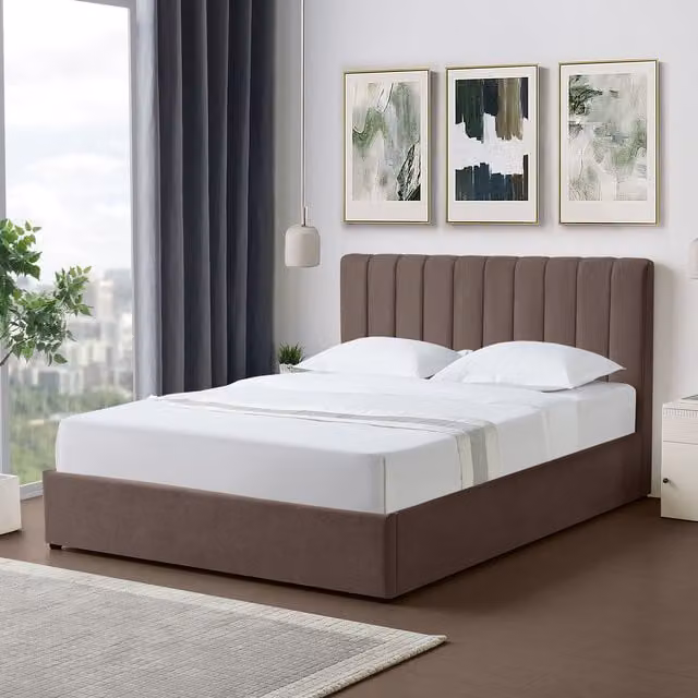 Artemis Home Evelynne Upholstered Fabric Ottoman Bed Frame with Storage in Dark Brown, Size: King (150 x 200 cm)