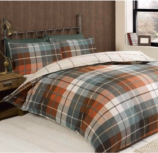 Rapport Checked Flannelette Cotton Duvet Cover Set, Orange and Multicolour, 140 x 200 cm