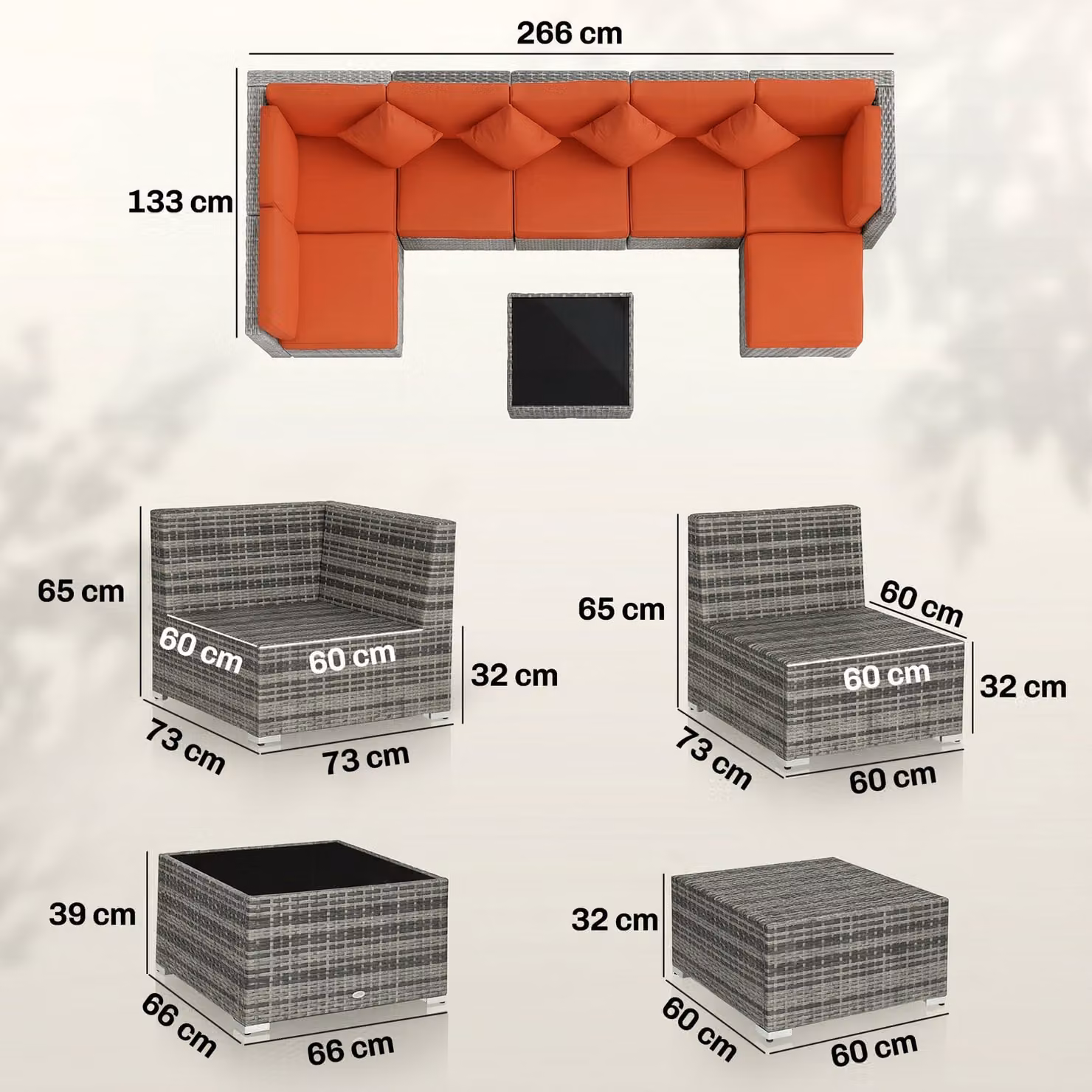 Outsunny Eight-Piece L-Shape Rattan Sofa Set with Upholstered Cushions in Orange and Grey – 3
