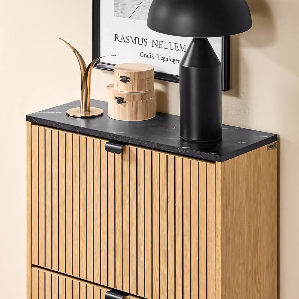 SoBuy Slim Modern Shoe Cabinet in Oak and Black with Tilting Compartments – 4