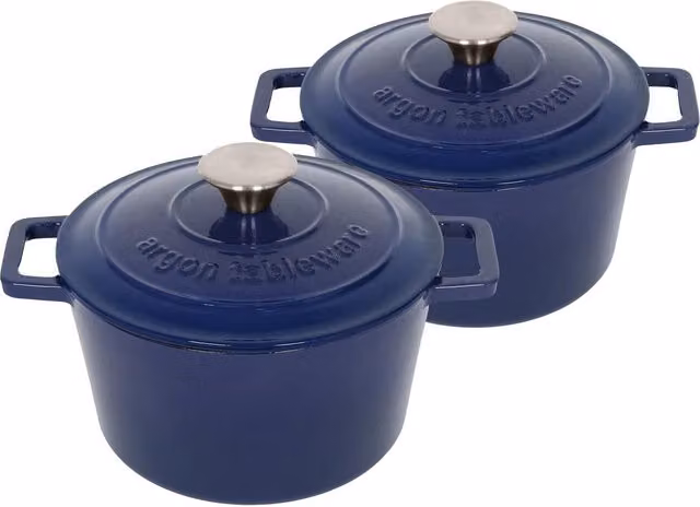 Argon Tableware 2x Round Cast Iron Casserole Dishes with Self Basting Lid, Blue, 2.8L