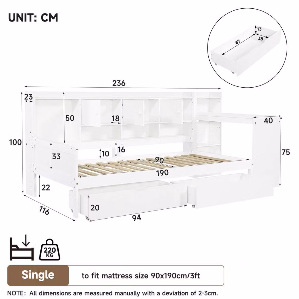 STILVORA Modern Single Bed Frame with Drawers and USB Charging Port, White, W/D/H: 90 x 190 x 75 cm – 3