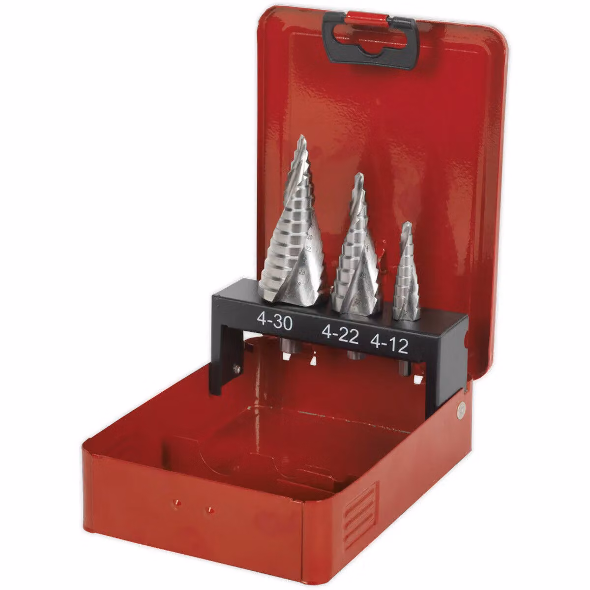 Loops 3 Piece HSS M2 Spiral Flute Step Drill Bit Set in Silver and Multicolour – 3