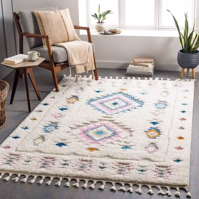 Livabliss Lofty-Shaggy Vintage Boho Plush Soft Pile Rug in Pink, Blue and Multicolour, W: 200 cm, D: 275 cm