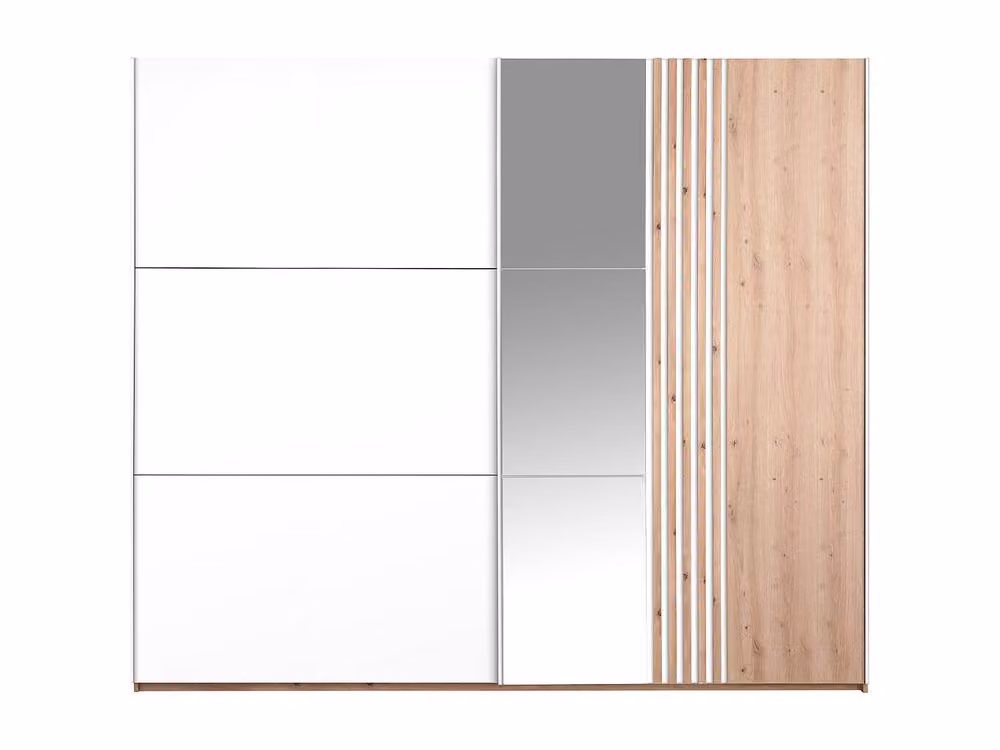 Vente-unique Sliding Door Wardrobe with Mirror and Integrated Drawers, White and Mixed Wood, Width: 250 cm – 2