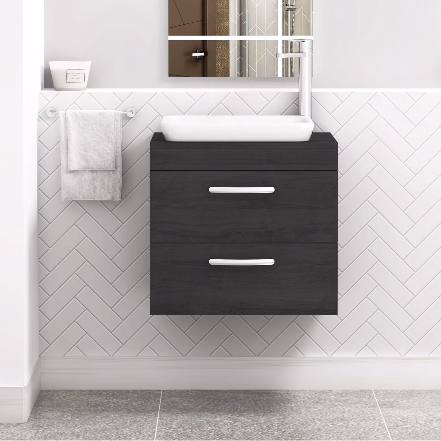 Qubix Turin 500mm Wall Hung 2 Drawer Vanity Unit with Countertop Basin in Hale Black