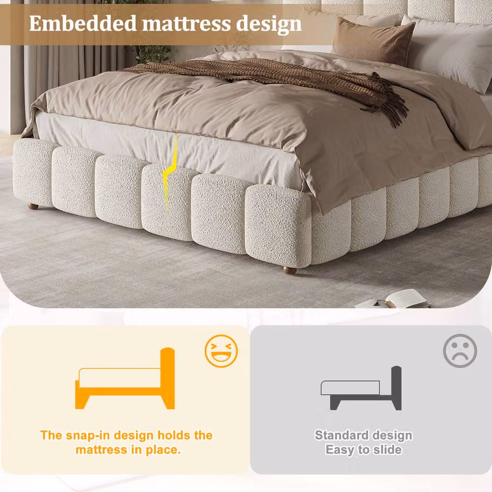 Merax White Bouclé Upholstered Double Ottoman Bed with Lift Up Base, W/D/H: 140 x 200 x 135 cm – 2