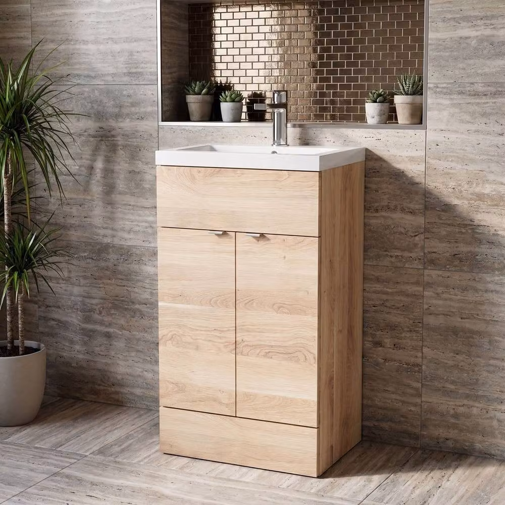 Balterley Alrewas Contemporary 2 Door Floor Standing Vanity Basin Unit, Brown Oak Finish, Width: 50 cm – 2