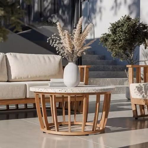 Royalcraft LUCCA 5-Seater Teak-Effect Aluminium Outdoor Garden Lounging Set with Coffee Table and Beige Cushions – 3