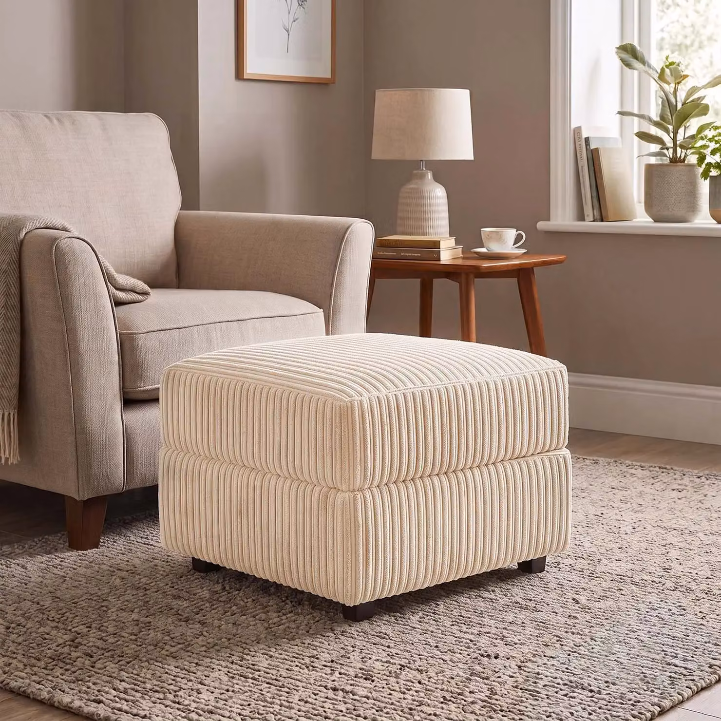 Luxor Living Ferguson Soft Jumbo Cord Footstool in Cream, W/D/H: 55 x 55 x 42 cm – 2