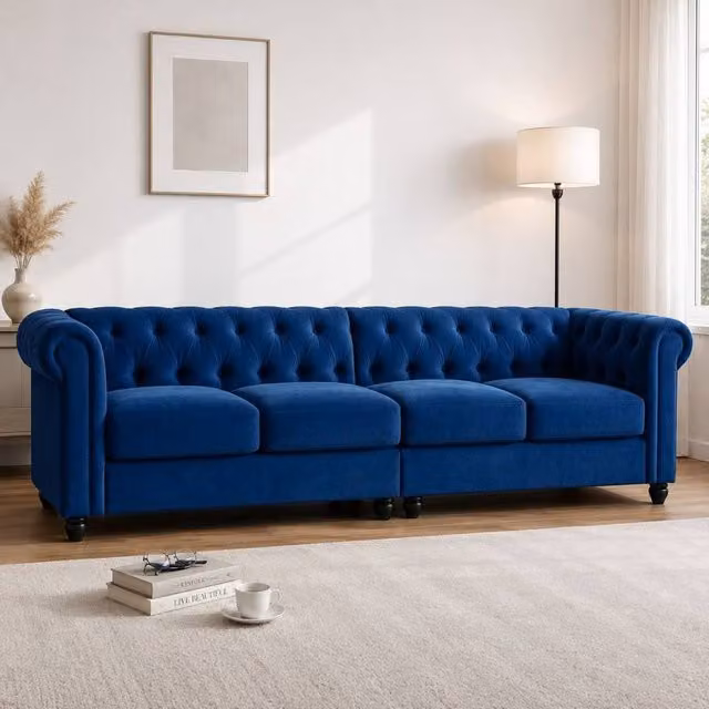 Sofaya Hampton 4 Seater Chesterfield Sofa in Blue Velvet