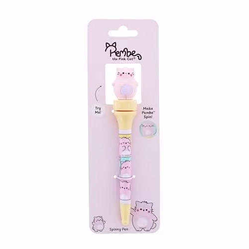 Pembe Pink Ballpoint Pen with Spinning Cat Topper, Pink and Yellow