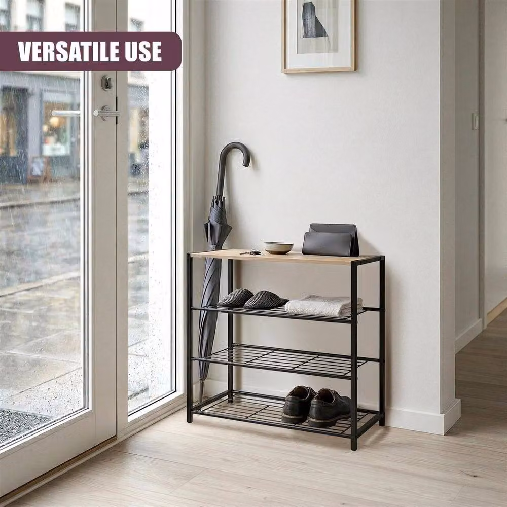 KORVIXA 3 Tier Industrial Metal and Wood Shoe Rack with Seat in Black, W/D/H: 100 x 30 x 63 cm – 3