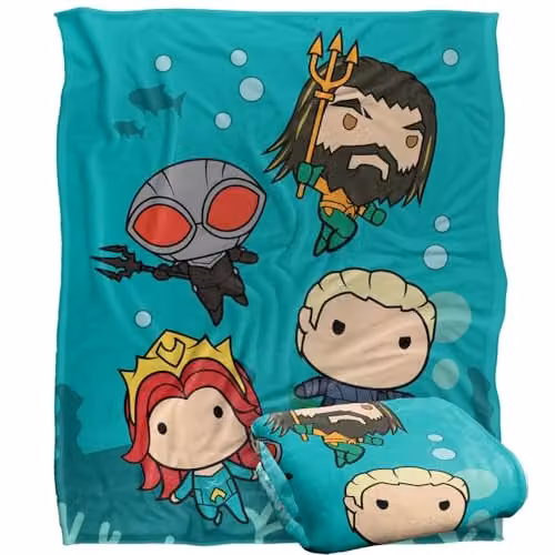 LOGOVISION Aquaman and The Lost Kingdom Chibi Action Super Soft Fleece Throw Blanket, Multicolour and White, W: 152 cm, D: 127 cm
