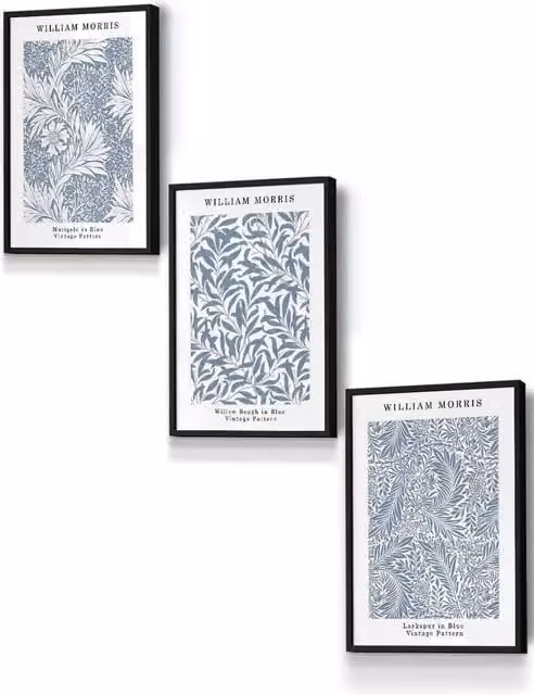 ARTZE Blue William Morris Vintage Floral Framed Wall Art, Black, W: 33 cm, H: 45 cm, D: 0.2 cm