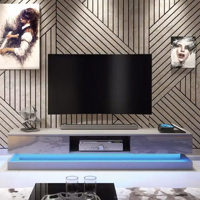 Creative Furniture Bloom Modern Glossy TV Unit in Grey with Integrated Lighting, W: 180 cm, D: 35 cm, H: 36 cm – 1
