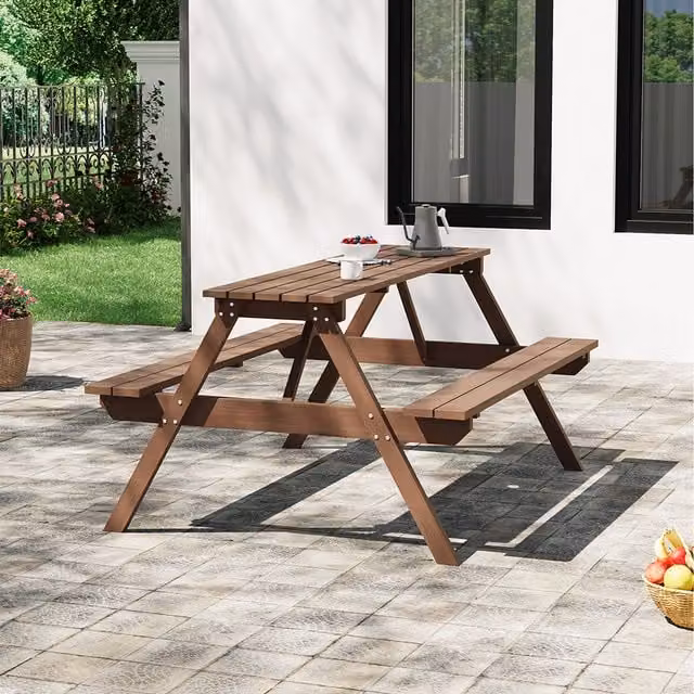 Breeins Large Rectangular Garden Table and Bench Set in Brown Lacquered Treated Hardwood