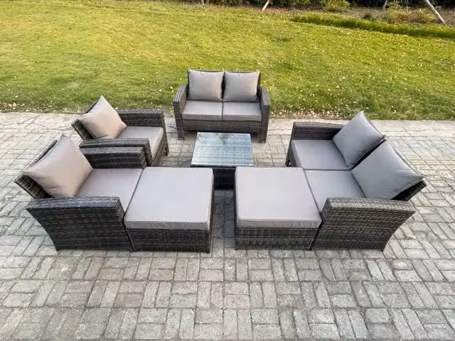 Fimous Rattan Outdoor Garden Furniture Set with Table, Chairs and 2 Ottomans in Dark Grey Mixed
