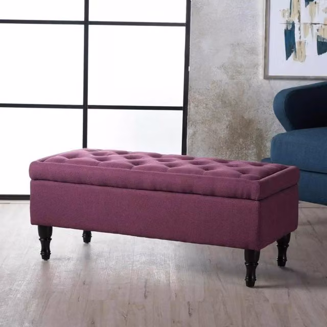FWStyle Dark Fuchsia Ottoman Storage Bench with Padded Buttoned Fabric Seat