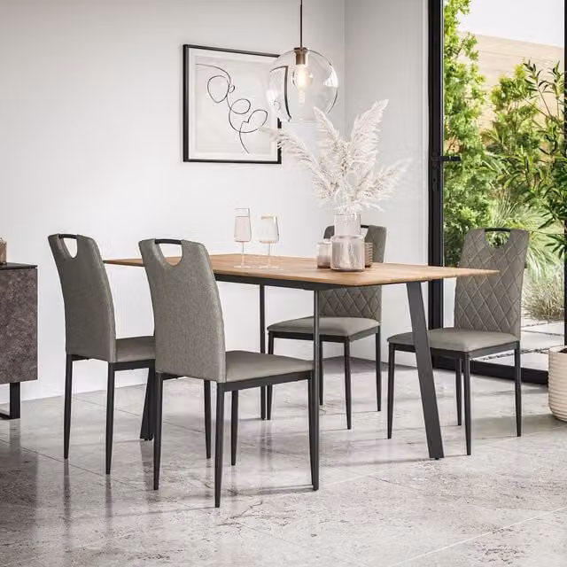 More4Homes Haydon Extending Dining Table and Monza Linen Dining Chair Set, Oak Effect and Black with 4 Grey Chairs, W/D/H: 120 x 80 x 76 cm