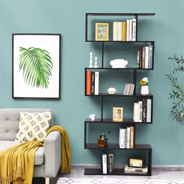 COSTWAY 6-Tier S-Shaped Geometric Bookcase in Black