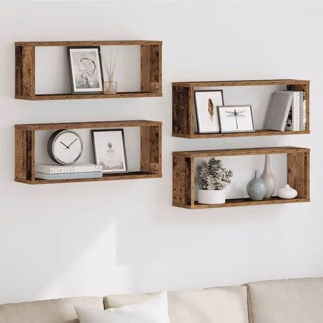 Berkfield Home Set of 4 Wall Mounted Cube Shelves in Old Wood Brown, W: 60 cm, D: 15 cm, H: 23 cm – 1