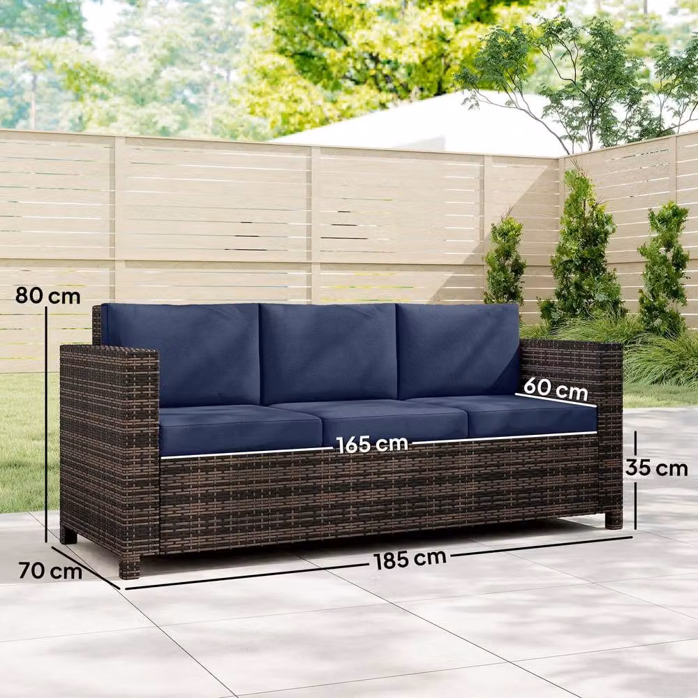 OUTSUNNY 3-Seater Rattan Wicker Sofa with Upholstered Cushions in Dark Blue – 3