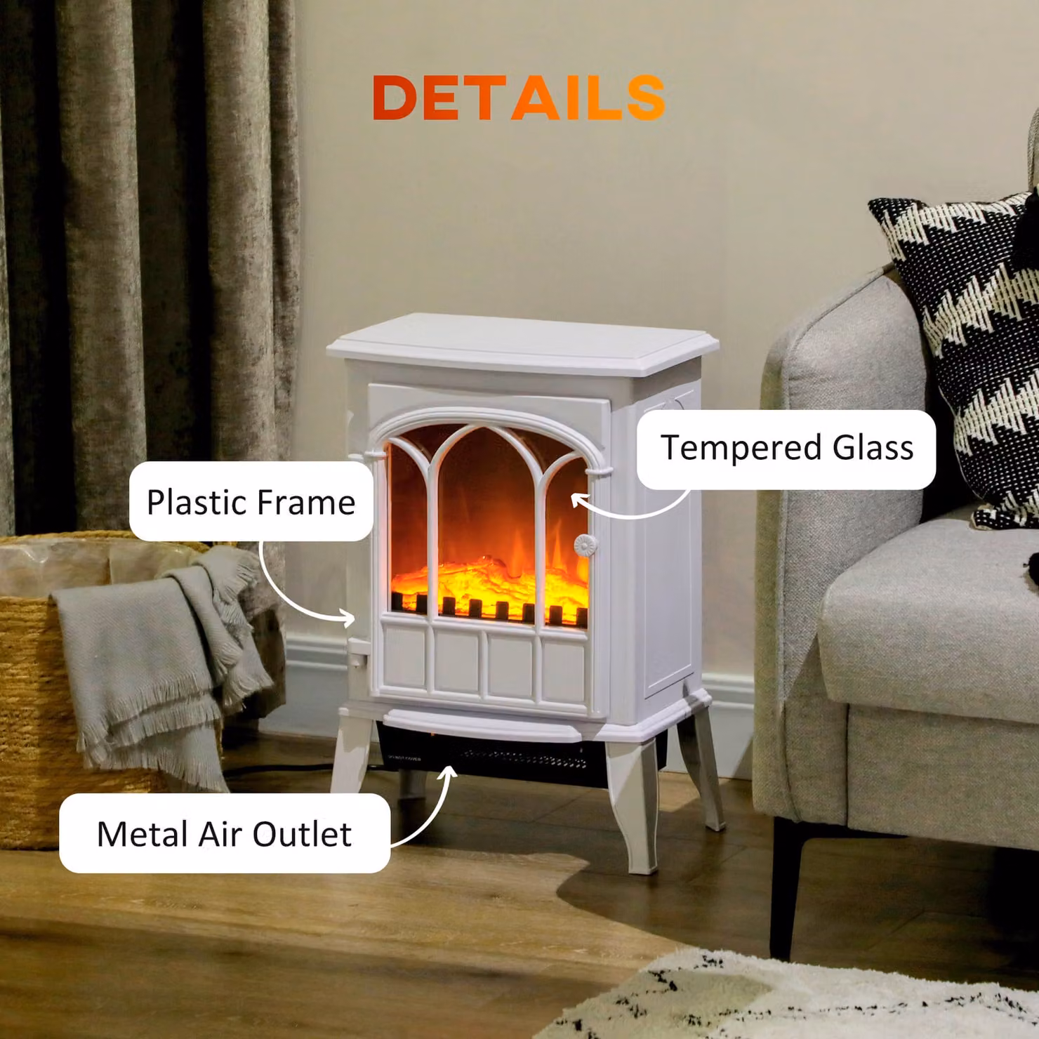HOMCOM Freestanding Electric Fireplace and Stove Heater with LED Flame Effect in White – 6