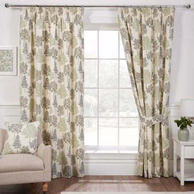 Terrys Green Floral Cotton Pencil Pleat Curtains