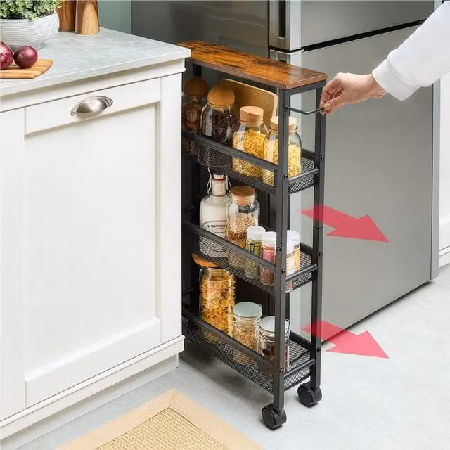 Coopers of Stortford 3-Tier Slimline Storage Trolley with Wood Top, Black, H77 x W47 x D13 cm