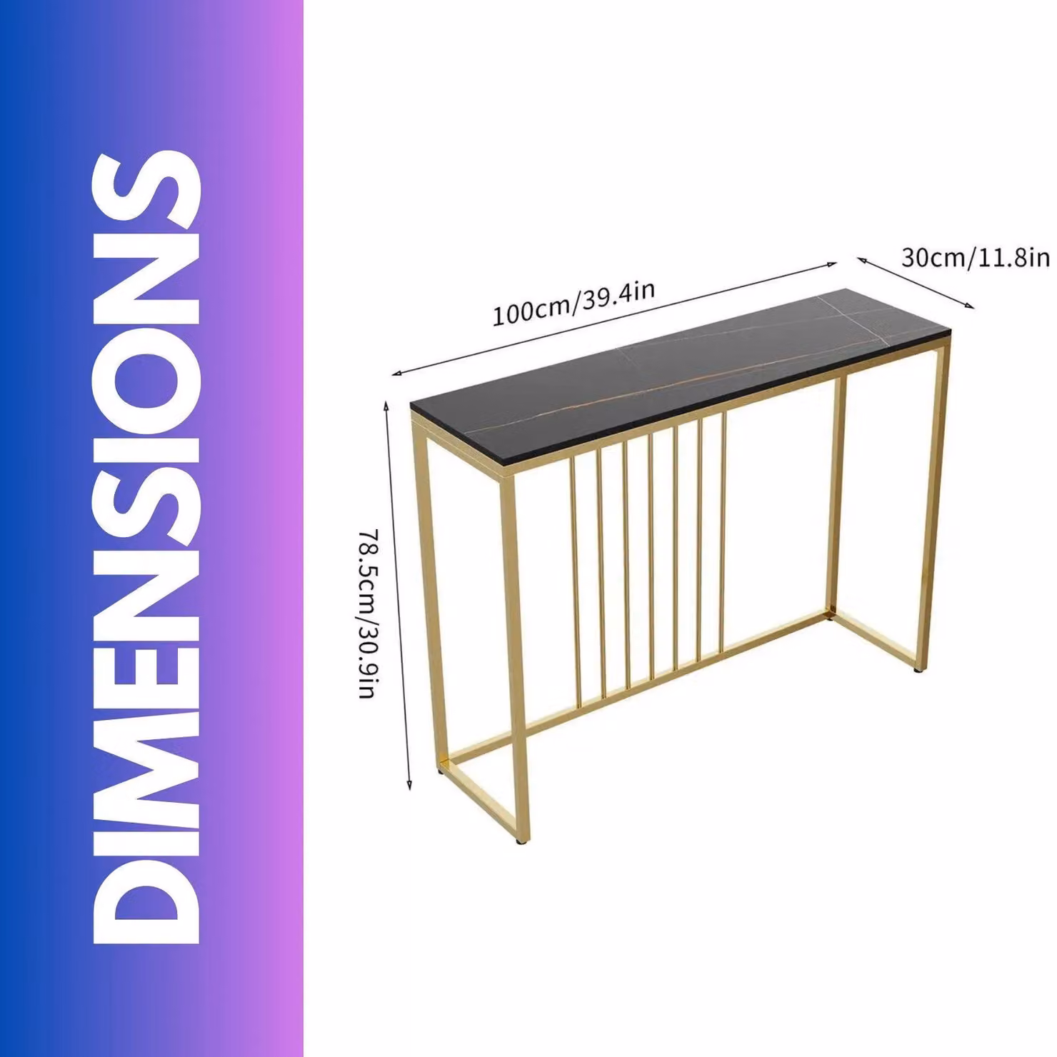 FURNOS Black Marble Console Table for Hallway and Entryway, W/D/H: 78.5 x 30 x 30 cm – 2