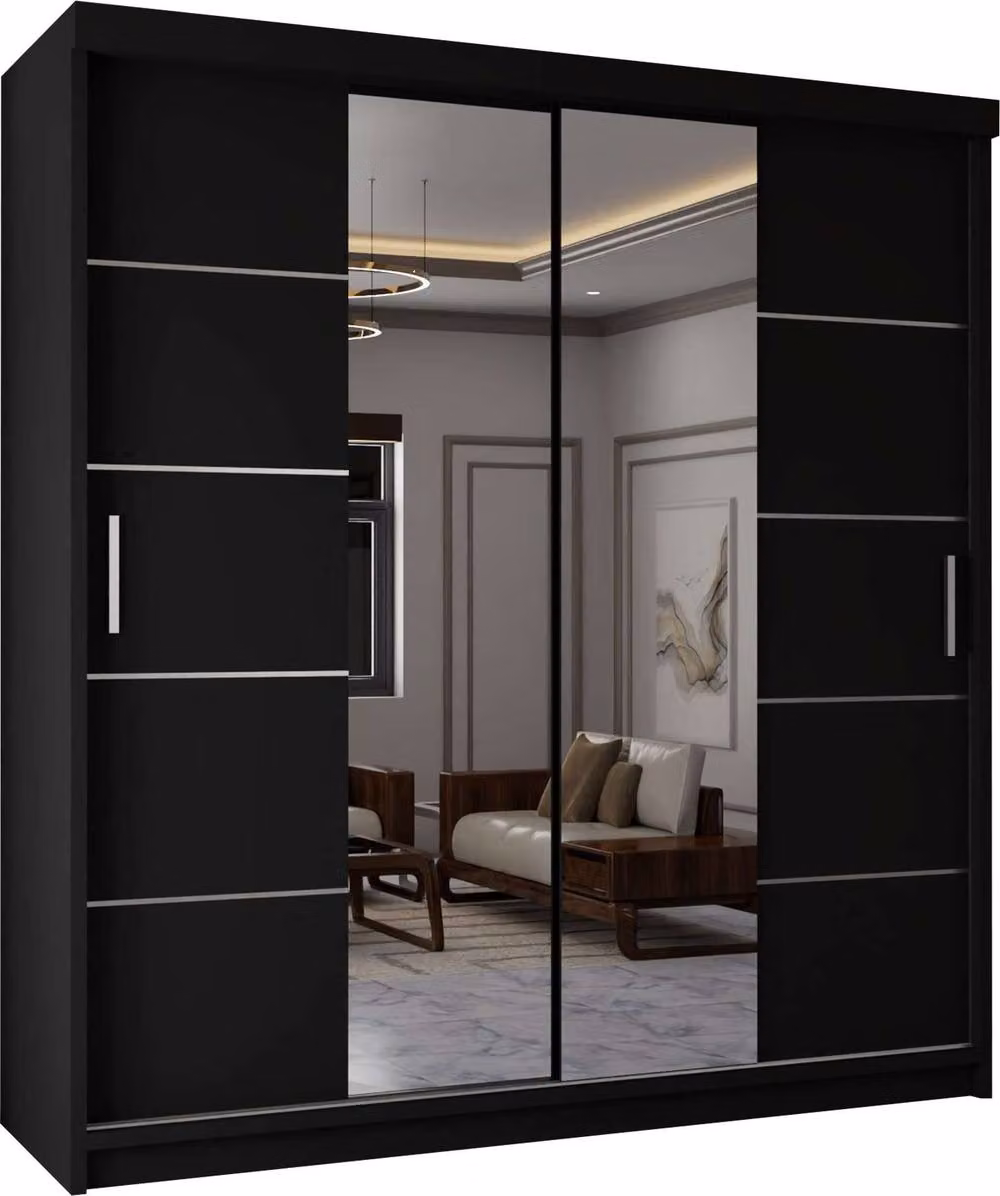 MN Furniture Modern Black Sliding Mirror Wardrobe with Integrated LED Lighting W: 150 cm, H: 217 cm – 2