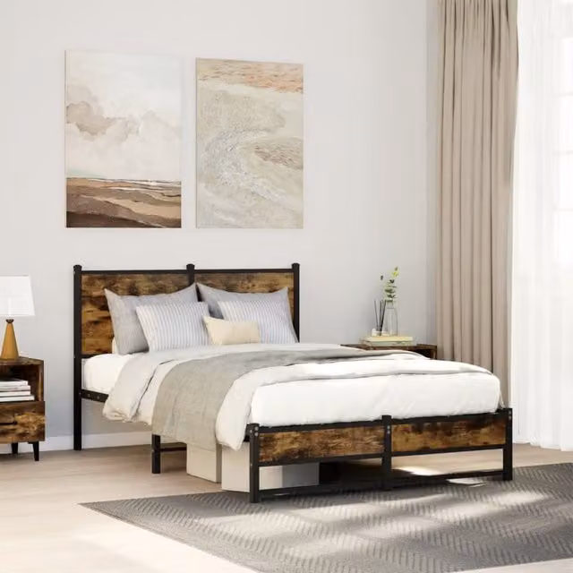 Berkfield Home Metal Bed Frame in Smoked Oak Brown, W/D/H: 120 x 200 cm – 1