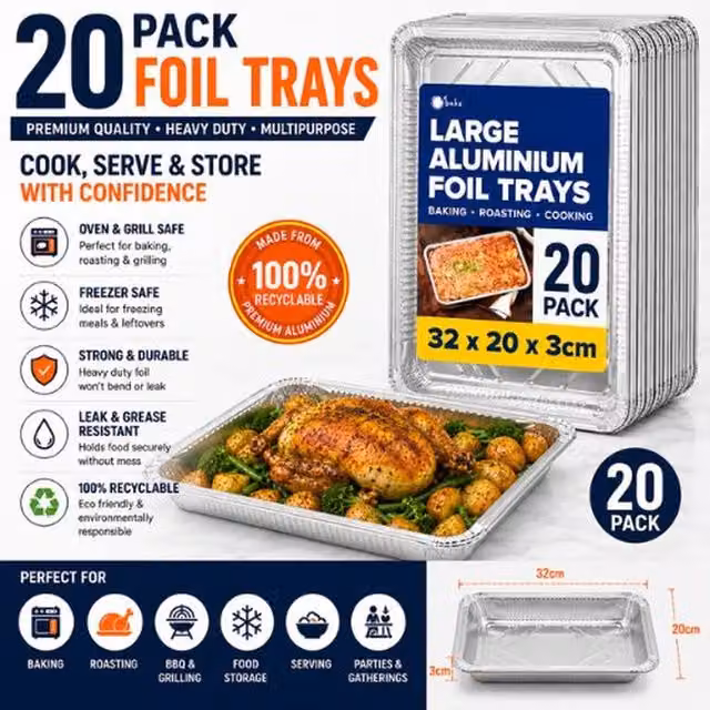 Ebake Uncoated Rectangular Aluminium Foil Baking Tray, Silver, 20 Pack