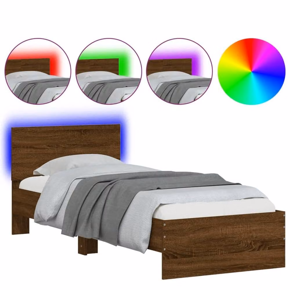 Berkfield Home Modern Bed Frame with Under-Bed LED Lighting in Brown Oak, W/D/H: 80 x 190 x 70 cm – 1