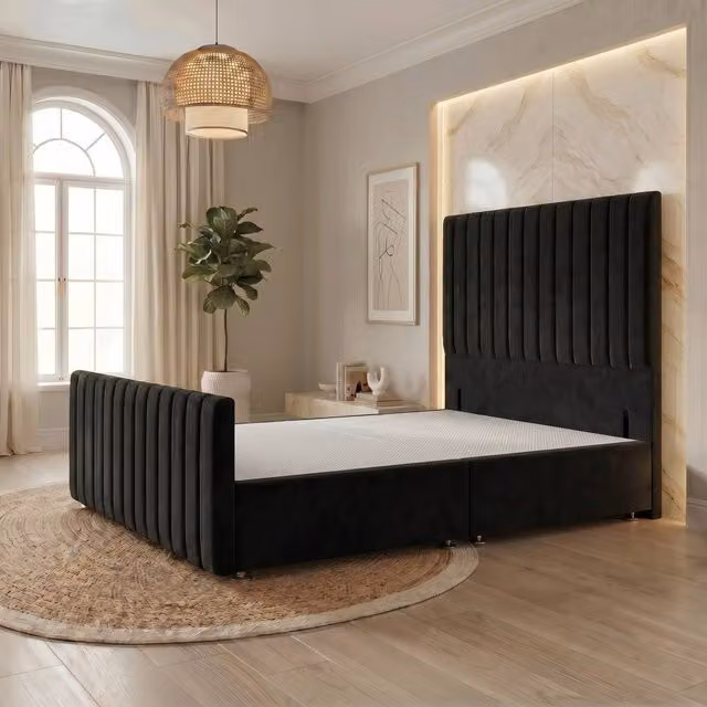 Somnior Eleanor Velvet Divan Base with Headboard and Footboard, Black, W/D/H: 90 x 190 x 55.88 cm – 1