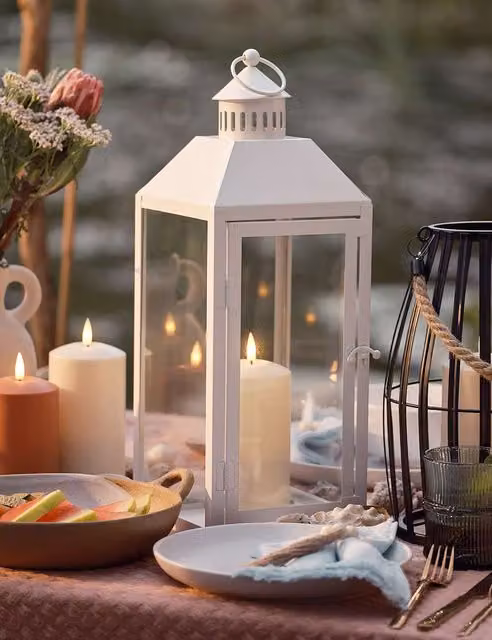 Lights4fun Set of 2 White TruGlow Metal Tabletop Pillar Lanterns with Flicker Effect and Timer