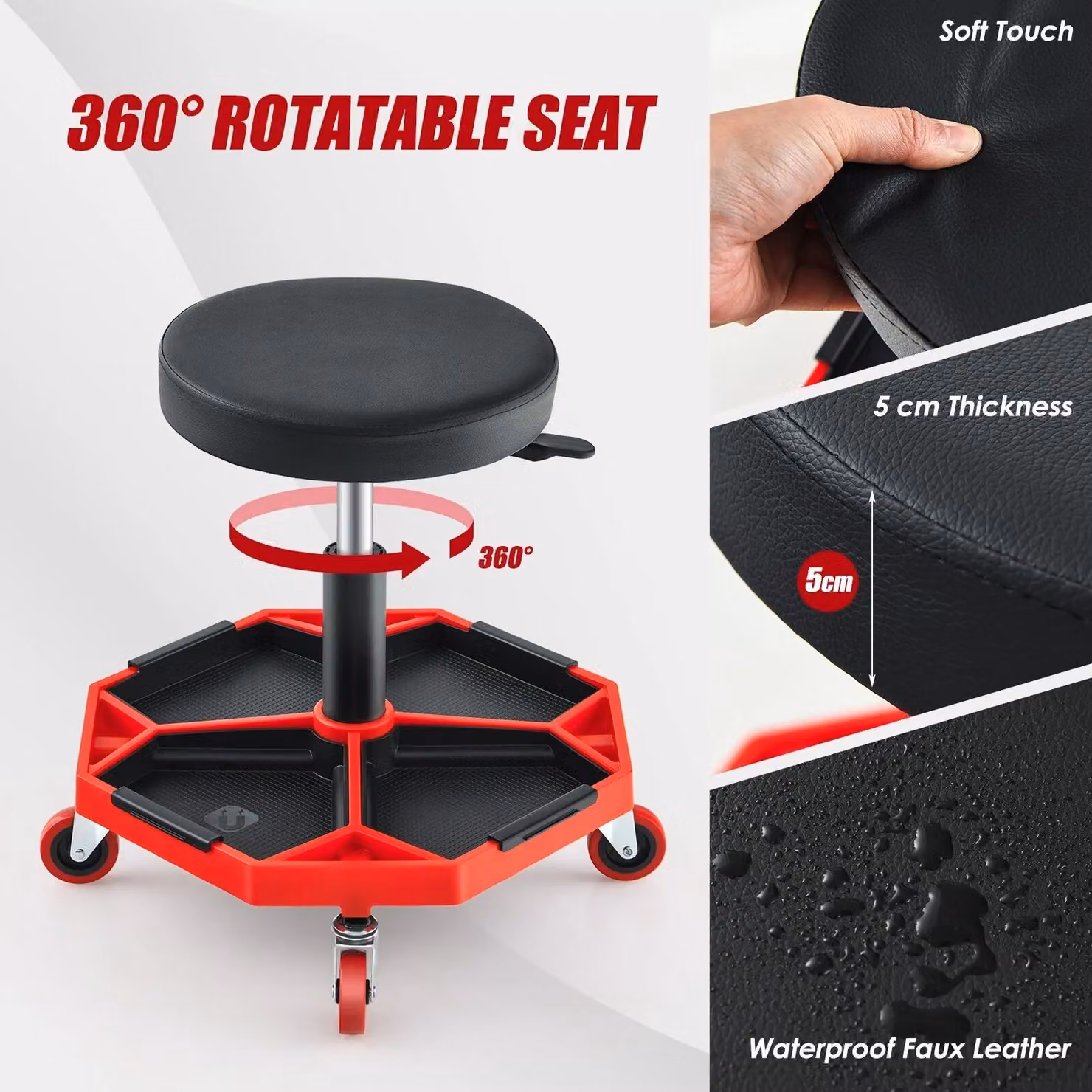 Costway Rolling Mechanic Stool with 360 Swivel and Height Adjustment, Red – 5