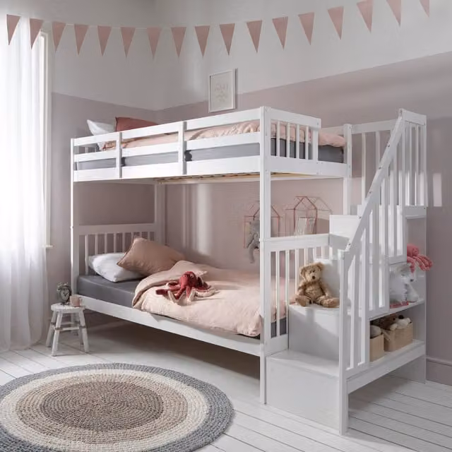 Noa and Nani Ulla Modern Two-Level Childrens Bunk Bed with Storage Staircase in White