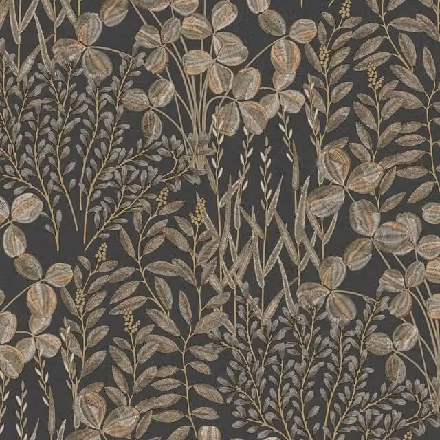 Grandeco Inia Stitched Embroidery Foliage Textured Wallpaper in Anthracite, Gold and Beige