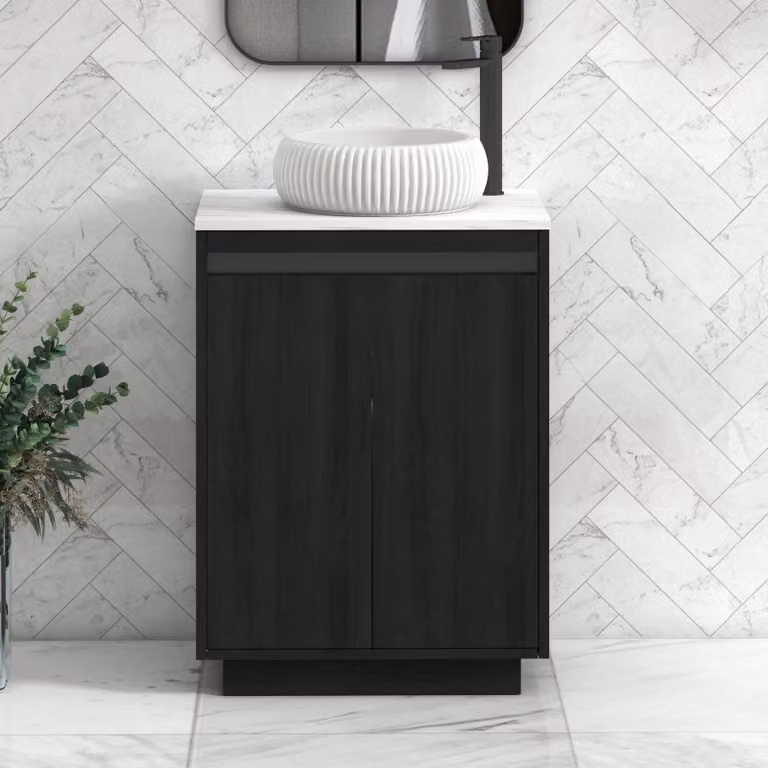 Royal Bathrooms Orion 600mm Hale Black Floor Standing 2 Door Vanity Unit with Milan Carrara White Countertop and Black Accent Trim