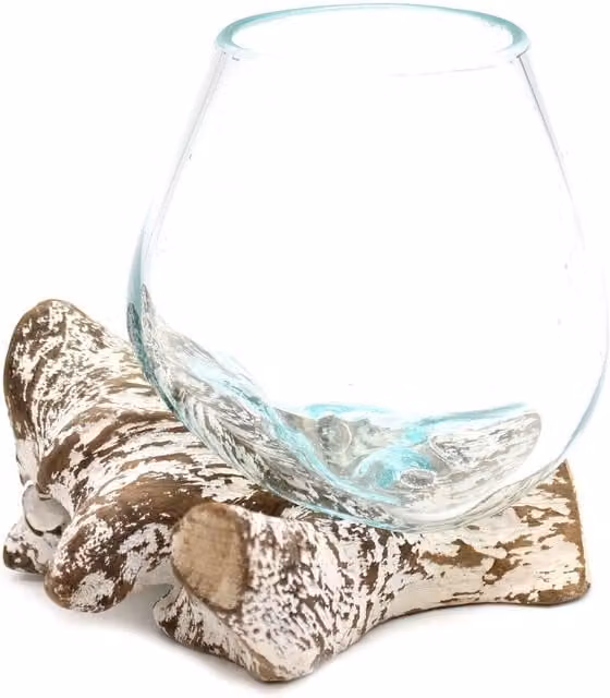 KDMK Handcrafted Turquoise Molten Glass and Whitewash Wood Round Tabletop Bowl