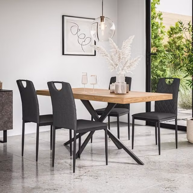 More4Homes Donni Dining Table and 6 Monza Linen Dining Chairs Set, Oak Effect Table Top with Black Legs and Charcoal Chairs, W/D/H: 160 x 80 x 76 cm – 1