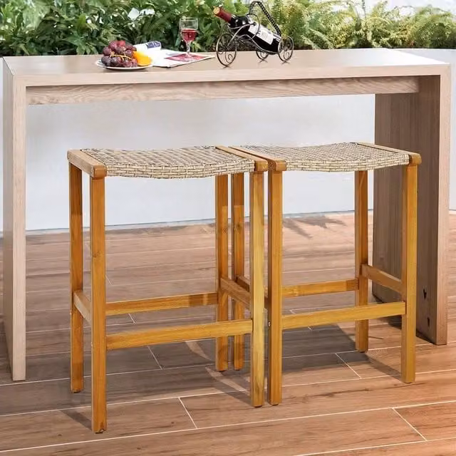 Kelvenix 2-Pack Brown Rattan and Acacia Wood Outdoor Bar Stools