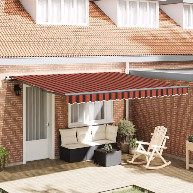 Berkfield Home Manual Retractable Folding Arm Awning in Orange and Brown Striped Polyester, W: 400 cm, D: 300 cm – 1
